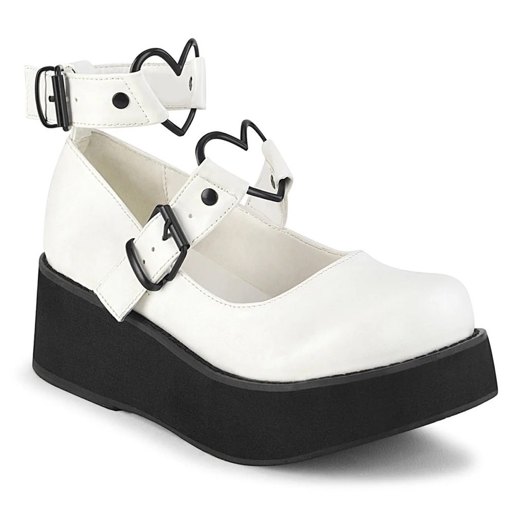 Demonia Heart Buckle White Platform Mary Janes